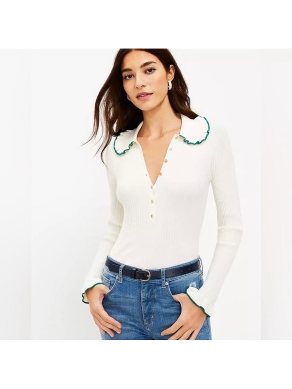 LOFT White Ribbed Henley Top with Green Trim